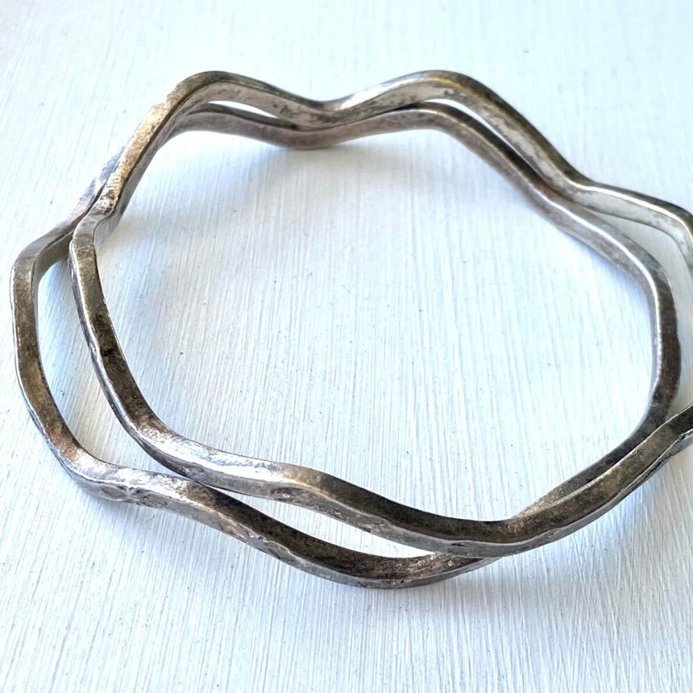 Vintage Sterling Silver Bangle Bracelets in Wavy Sqiggle Shape